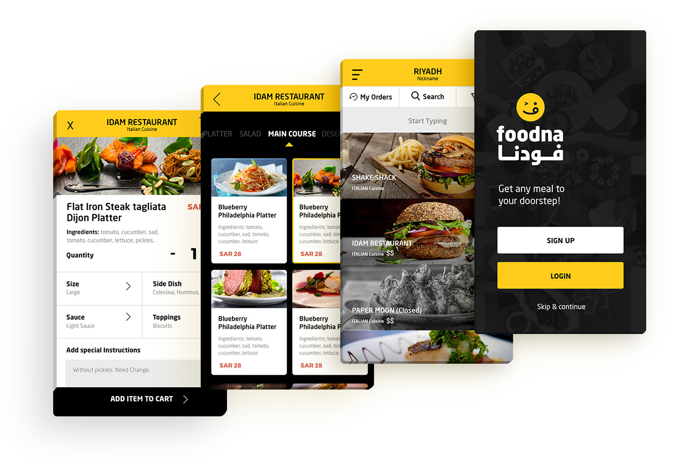 Foodna app screens showing restaurant listings, menu detail, item customization and login