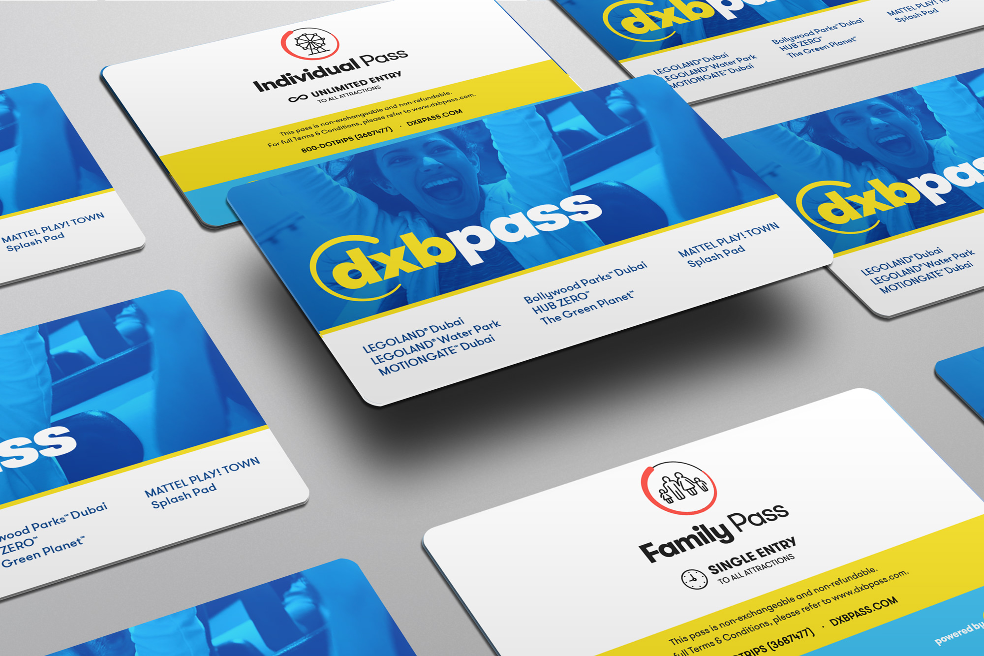 dxb pass cards showing individual and family pass designs across Dubai attractions
